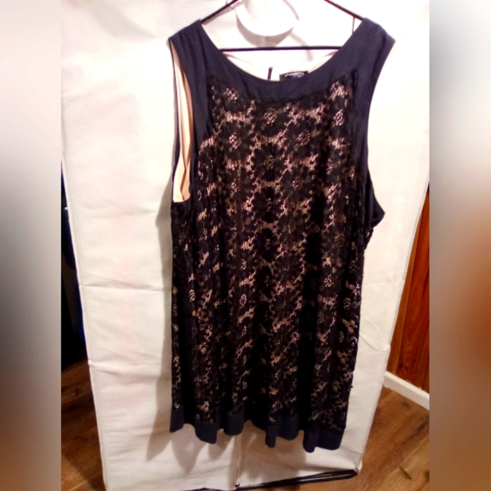 SHARAGANO WOMEN DRESS SIZE 16 SLEEVELESS BLACK LACE WITH NUDE INSIDE